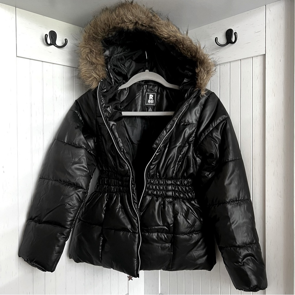Rothschild black puffer coat jacket fur trim hood L 14 12 - Picture 2 of 11